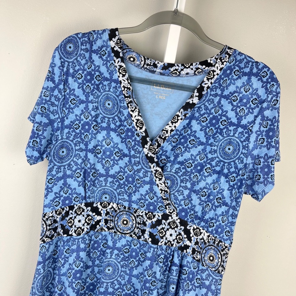 L.L. Bean Summer Knit Dress Womens L Blue Medallion Print Casual Coastal Preppy
